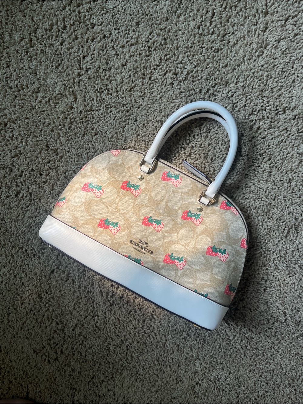 Coach Cream Signature Strawberry Mini Sierra Satchel with White Trim